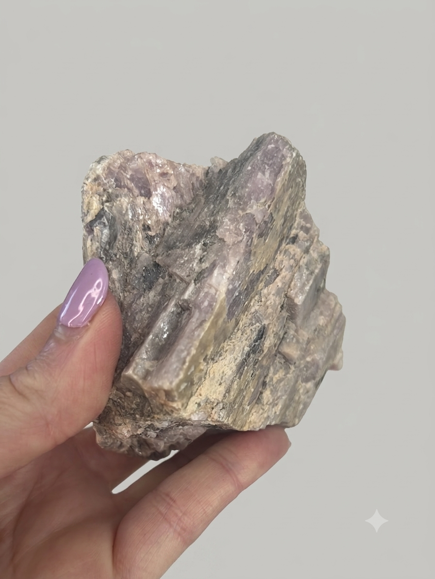 A hand with lavender nail polish holds a rough, polished crystal cluster showing natural striations and layered mineral textures in beige, gray, and lavender tones against a solid light gray background.