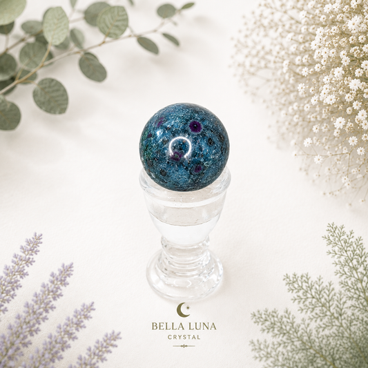 A decorative crystal ball with a deep blue and black starry pattern sits on a clear glass pedestal. The scene is styled with dried white flowers, green leaves, and lavender sprigs on a white background, with the brand name 'BELLA LUNA CRYSTAL' printed at the bottom.