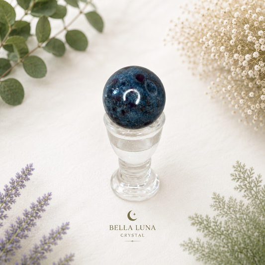 A dark blue speckled crystal ball displayed on a clear glass pedestal, surrounded by dried flowers and green botanical leaves on a light cream background. The brand name 'BELLA LUNA CRYSTAL' is printed at the bottom.