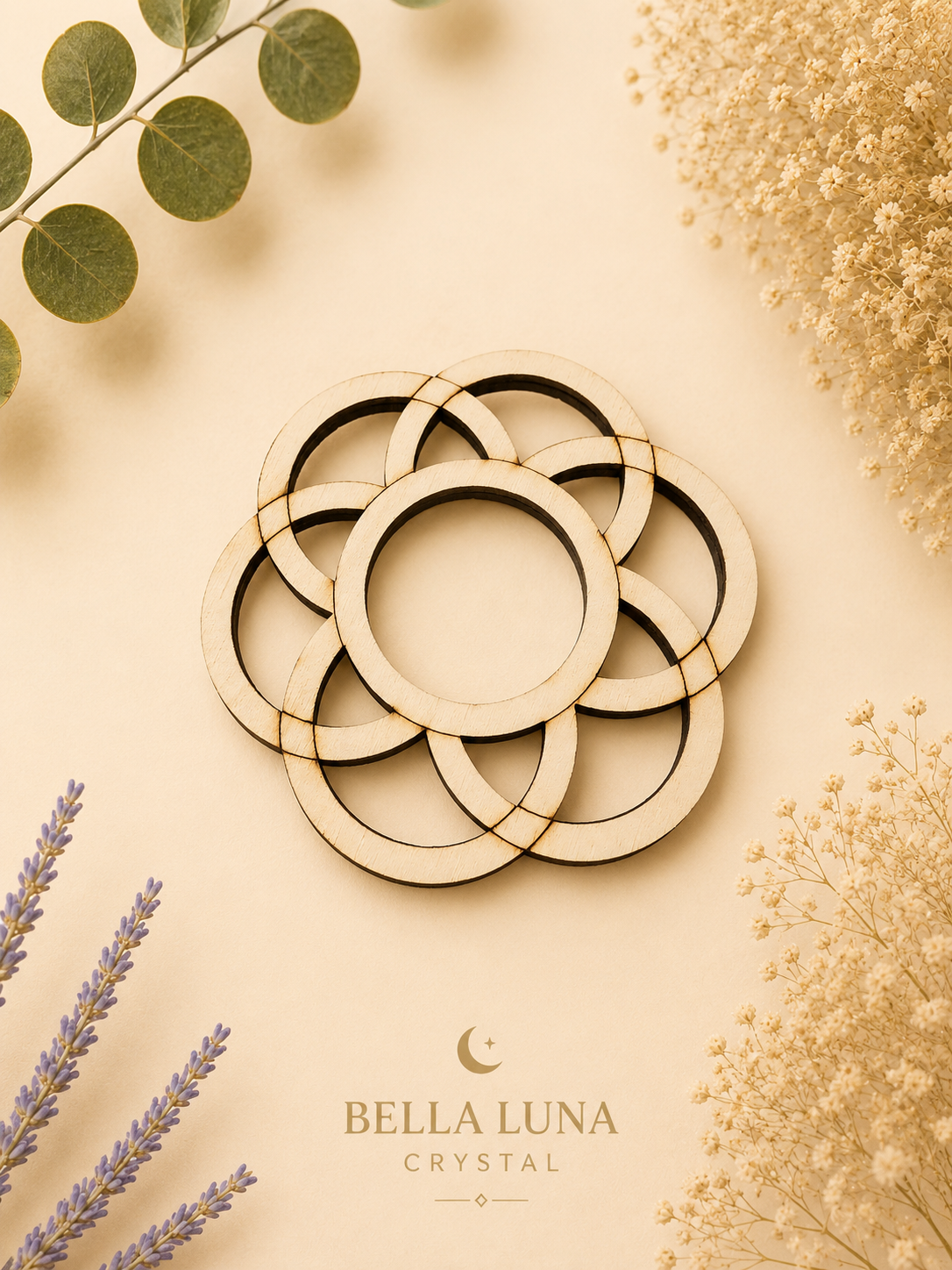 A set of six interlocking wooden rings, likely laser-cut for jewelry making, displayed on a warm beige background with decorative botanical elements and the Bella Crystal brand logo at the bottom.