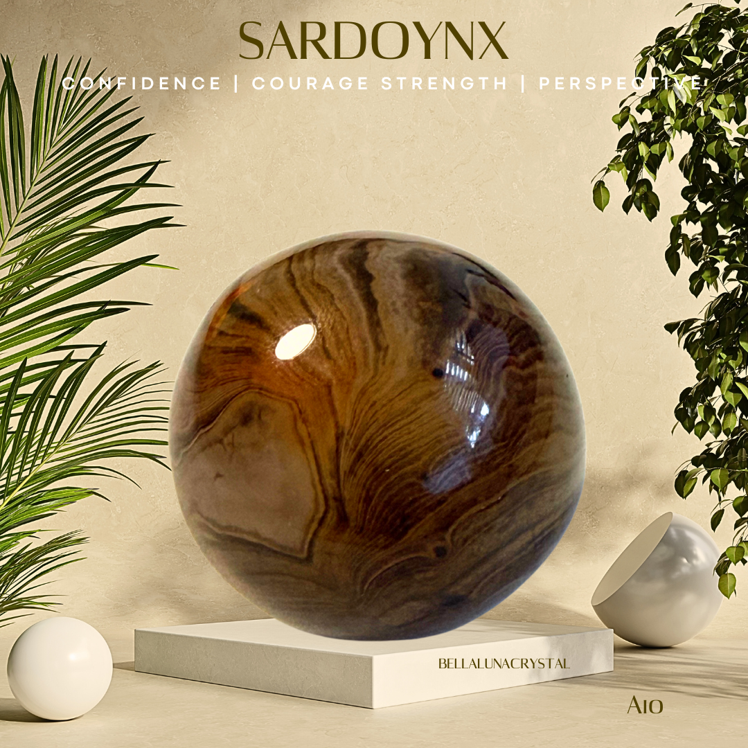 Decorative crystal sphere on a stand with 'Sardonyx' text and plant elements.