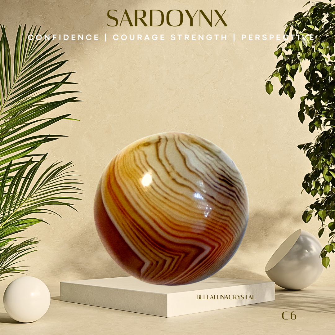 Sardonyx crystal sphere with decorative plants on a beige background
