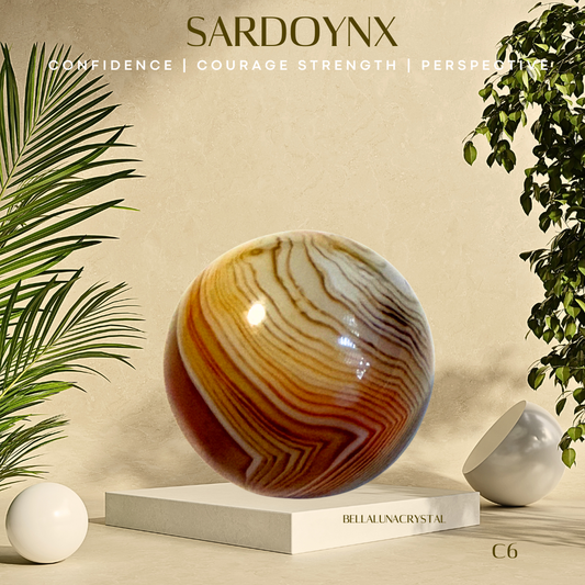 Sardonyx crystal sphere with decorative plants on a beige background