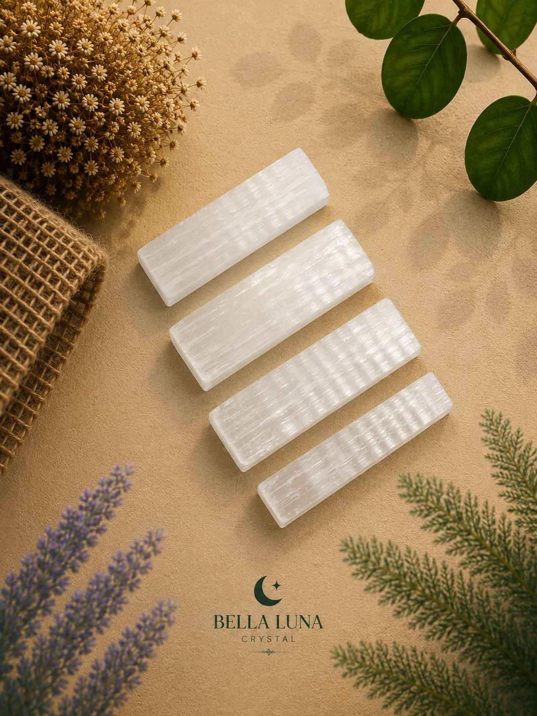 Four white rectangular crystal selenite prisms arranged diagonally on a beige textured surface with dried flowers, green leaves, and a burlap sack. The Bella Luna Crystal logo is visible at the bottom.