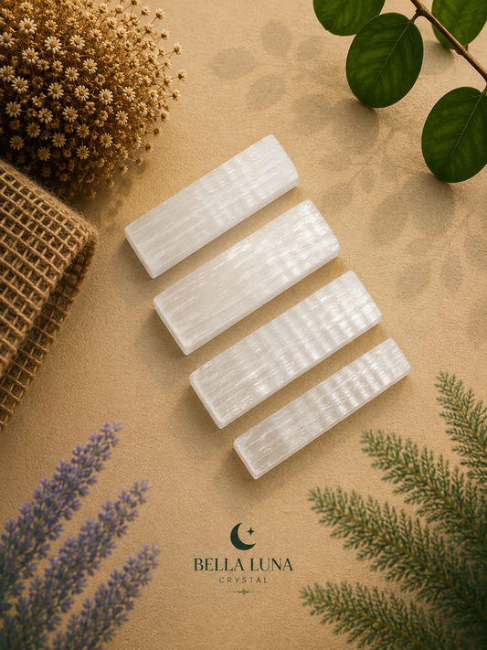 Four white rectangular crystal selenite prisms arranged diagonally on a beige textured surface with dried flowers, green leaves, and a burlap sack. The Bella Luna Crystal logo is visible at the bottom.