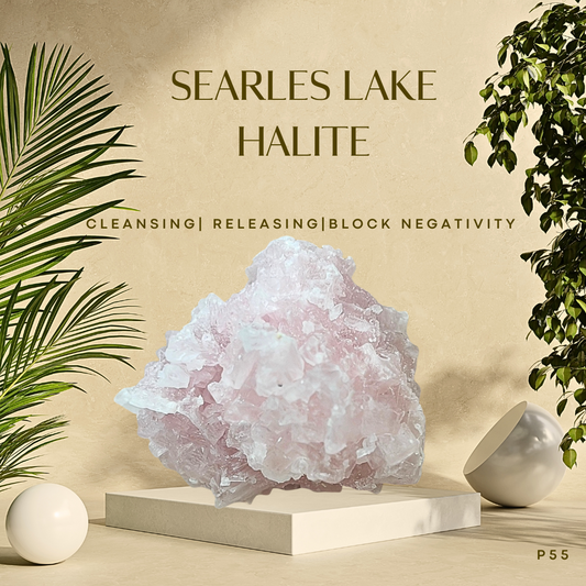 A halite crystal specimen from Searles Lake, CA, displayed on a white stand against a backdrop of greenery and decorative orbs, with text highlighting its cleansing and releasing properties.