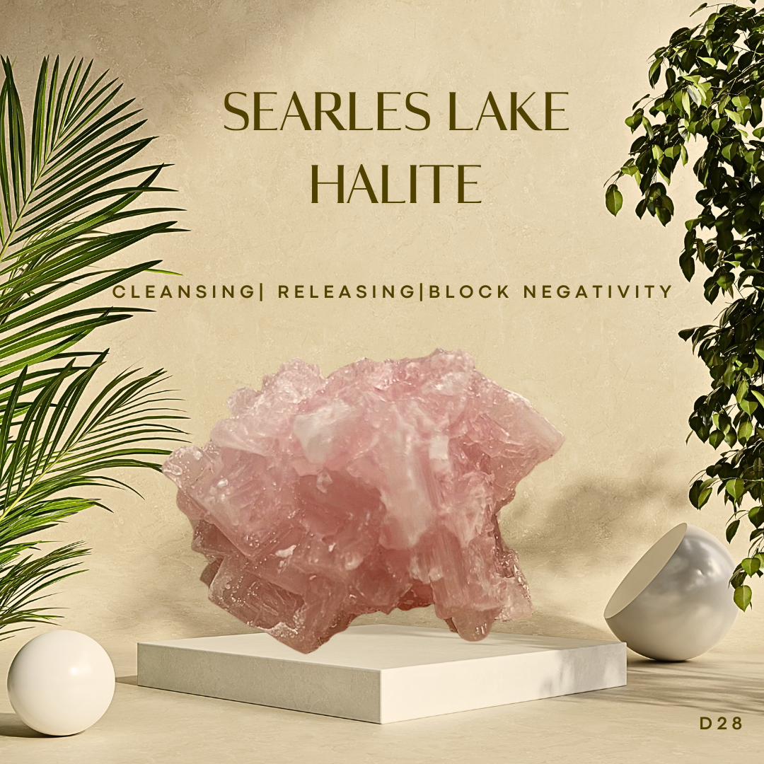 A halite crystal specimen from Searles Lake, CA, displayed on a white stand against a neutral background with greenery and a white sphere, with text highlighting the cleansing/releasing/blocking negative energy properties.