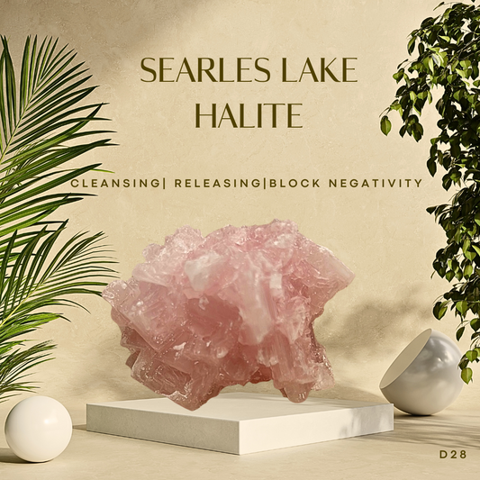 A halite crystal specimen from Searles Lake, CA, displayed on a white stand against a neutral background with greenery and a white sphere, with text highlighting the cleansing/releasing/blocking negative energy properties.