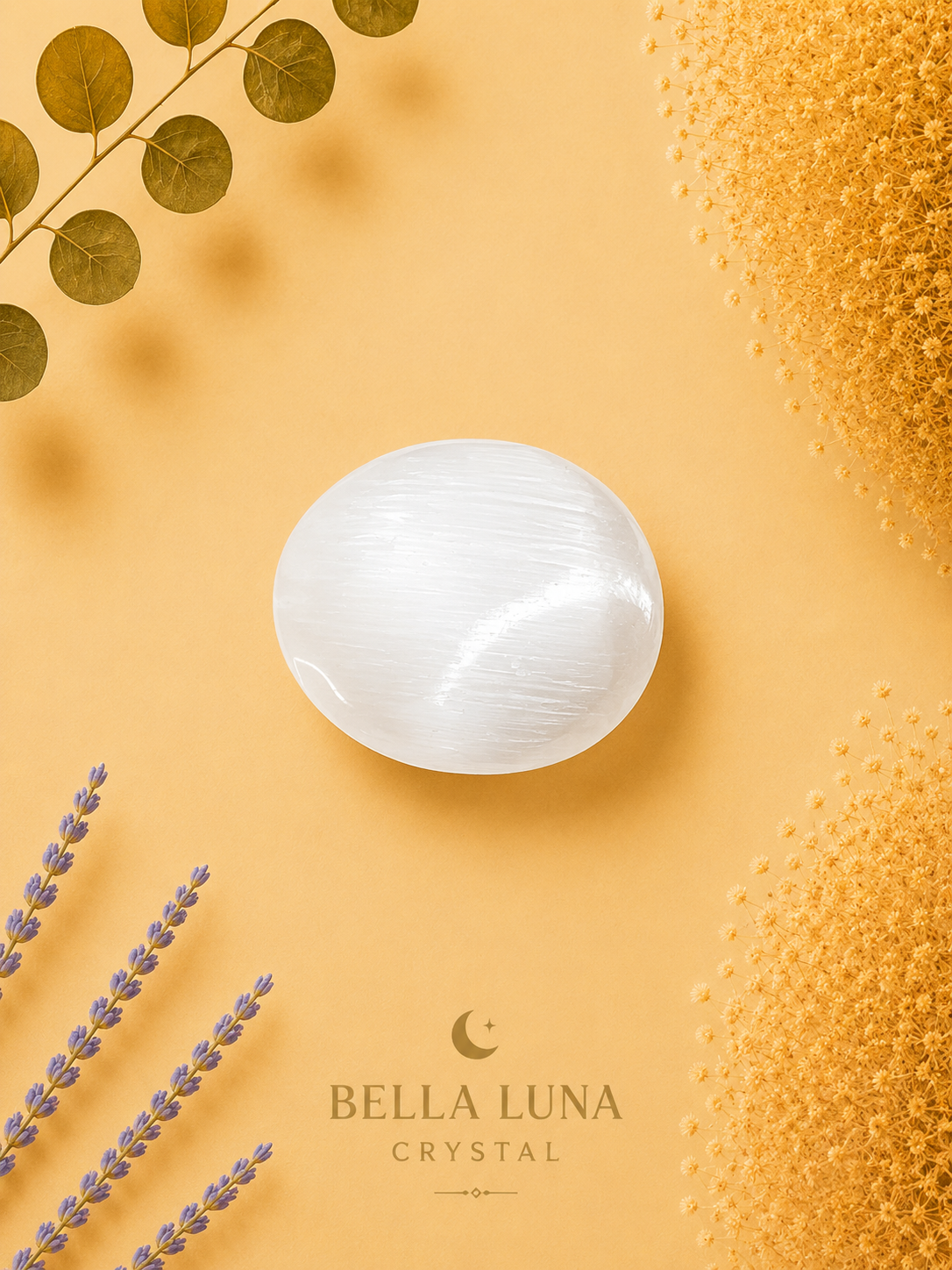 A white oval crystal stone with a smooth, polished surface, displayed on a warm yellow background with decorative botanical elements and the Bella Luna Crystal brand logo.