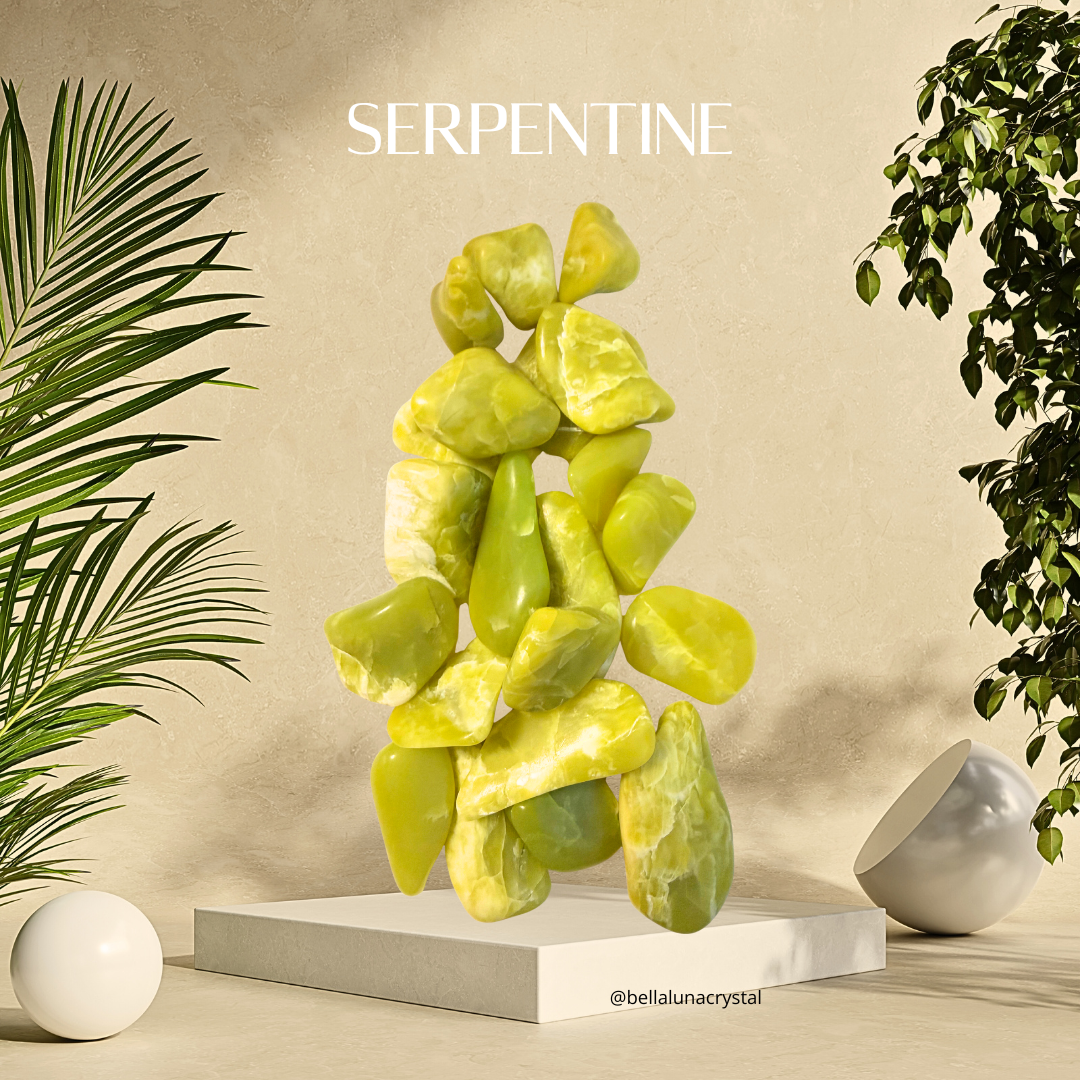 Decorative green stone sculpture on a white pedestal with 'Serpentine' branding against a beige background.