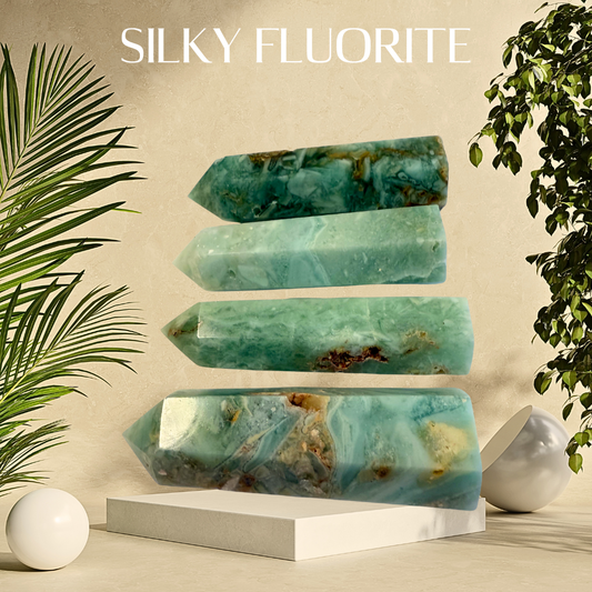 Stack of silky fluorite crystals on a neutral background with plants