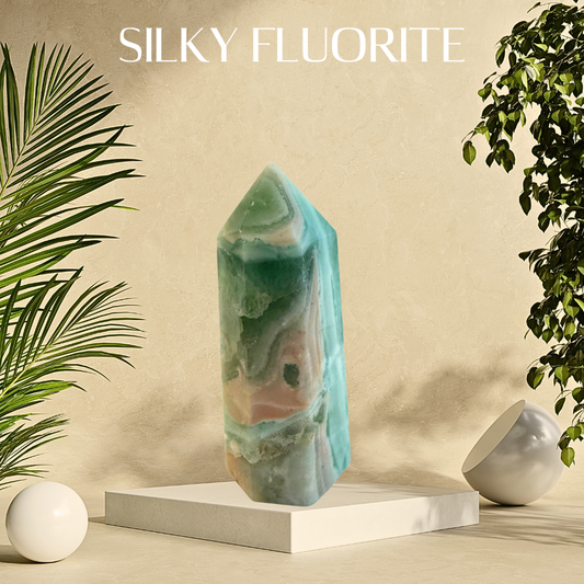 Silky fluorite crystal on a white pedestal with green plants on a beige background