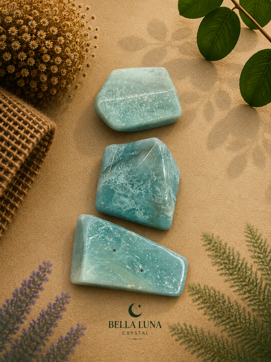 Three polished light blue crystal stones arranged vertically on a beige textured surface with dried botanicals, green leaves, and a visible Bella Luna Crystal logo at the bottom.