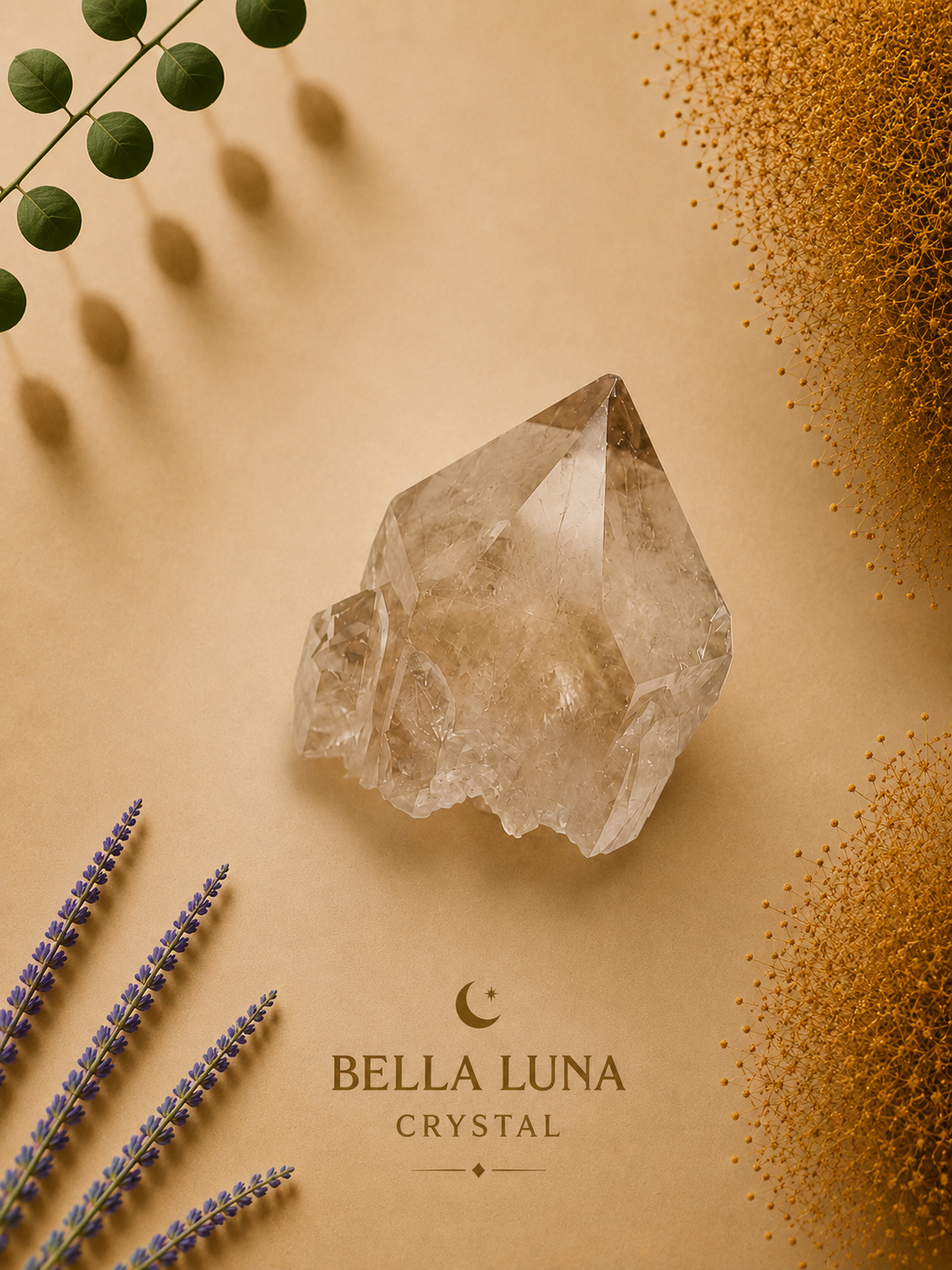 A natural smoky citrine quartz crystal cluster is displayed on a warm beige background with decorative botanical elements and gold glitter. The brand name 'BELLA LUNA CRYSTAL' is printed at the bottom.