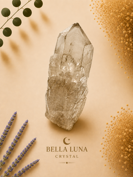 A natural smoky quartz crystal point is displayed on a warm beige background with decorative botanical elements and gold textured accents. The brand name 'BELLA LUNA CRYSTAL' is printed at the bottom.