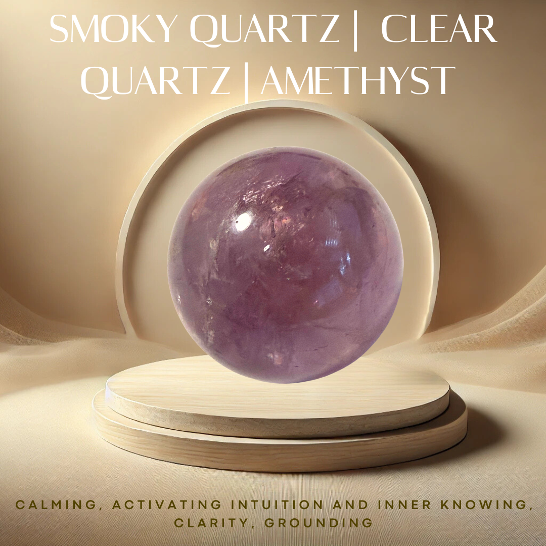 Amethyst crystal ball on a beige stand with text about crystal properties.