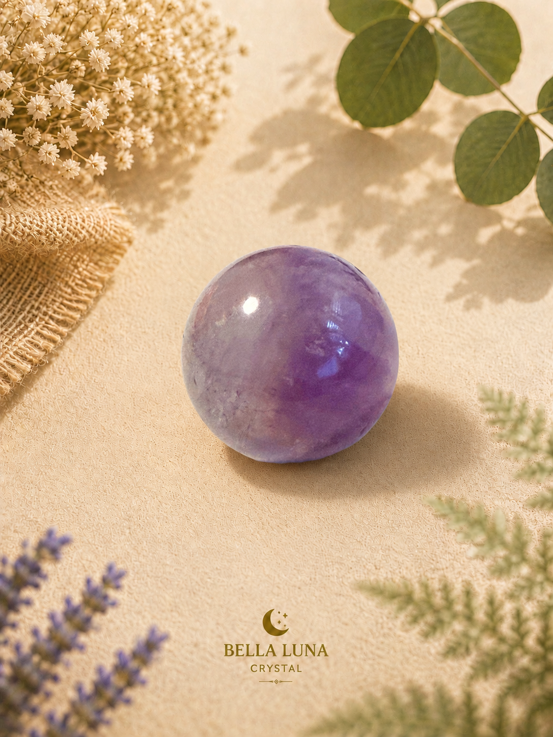 A polished purple amethyst crystal sphere resting on a textured beige surface, surrounded by dried flowers, green leaves, and burlap, with the Bella Luna Crystal logo at the bottom.