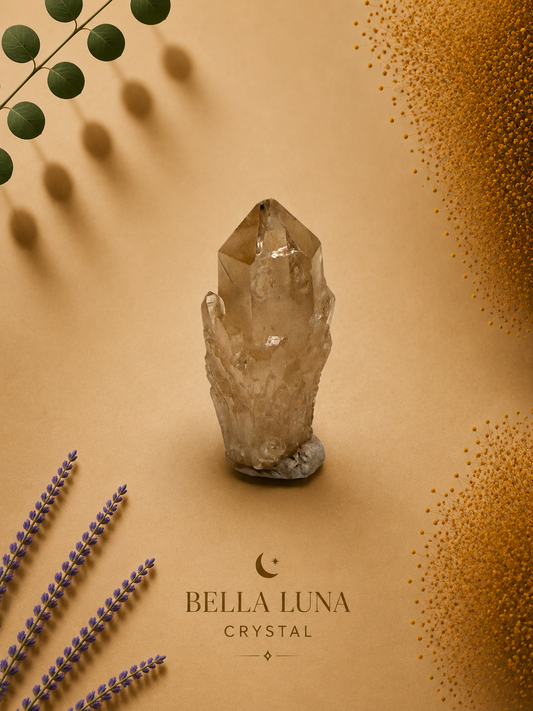 A natural smoky quartz crystal cluster displayed on a textured beige background with decorative botanical elements and the text 'BELLA LUNA CRYSTAL' at the bottom.