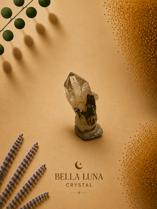 A natural crystal cluster with dark inclusions on a textured beige background, styled with dried lavender sprigs, green leaves, and gold glitter. The brand name 'BELLA LUNA CRYSTAL' is printed at the bottom.