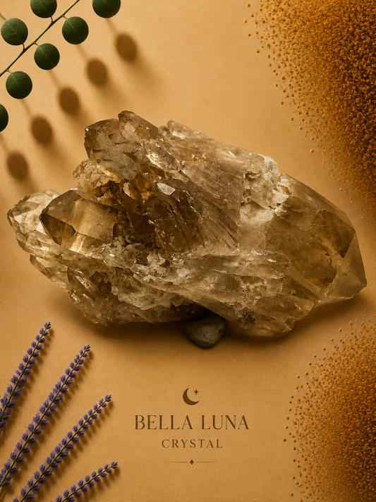 A large natural smoky quartz crystal cluster displayed on a warm tan background with decorative dried lavender sprigs, green berries, and textured gold accents. The brand name 'BELLA LUNA CRYSTAL' is printed at the bottom.