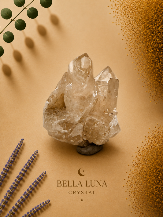 A natural clear quartz crystal cluster on a small dark stone base, styled on a warm beige background with decorative dried lavender sprigs, green leaves, and gold glitter accents. The brand name 'BELLA LUNA CRYSTAL' is printed at the bottom.