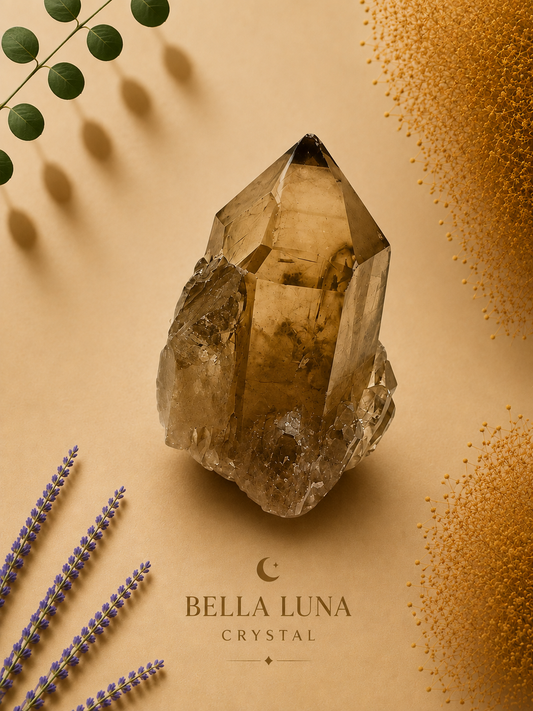 A natural smoky quartz crystal cluster with a pointed pyramidal shape, displayed on a textured beige background with decorative botanical elements and gold glitter. The brand name 'BELLA LUNA CRYSTAL' is printed at the bottom.