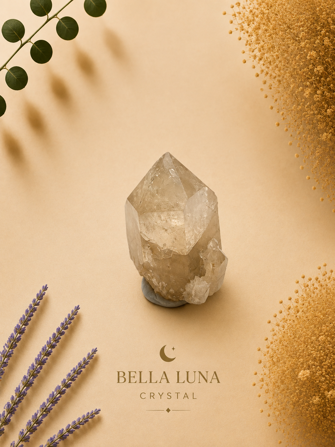 A natural clear quartz crystal cluster on a small gray base, styled on a warm beige background with decorative dried lavender, green leaves, and gold-toned textured elements. The text 'BELLA LUNA CRYSTAL' appears below the crystal.