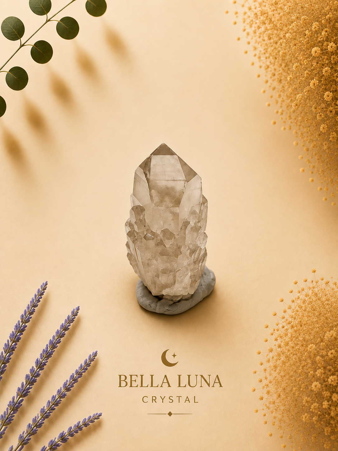 A natural smoky quartz crystal cluster on a small gray stone base, styled on a warm beige background with decorative dried flowers, lavender sprigs, and green leaves. The text 'BELLA LUNA CRYSTAL' is printed below the crystal.