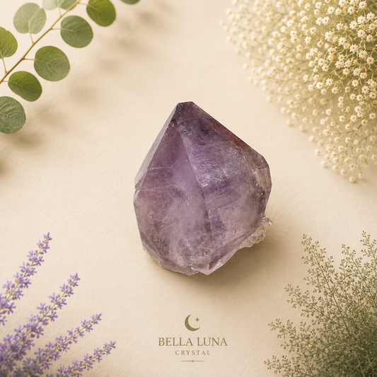 A natural purple amethyst crystal cluster displayed on a beige background with decorative botanical elements, featuring the Bella Luna Crystal brand logo at the bottom.