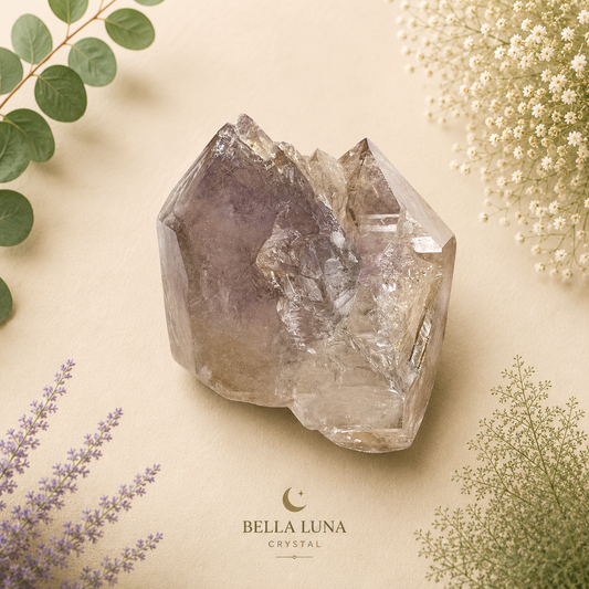 A natural amethyst crystal cluster with purple and gray tones, styled on a beige background with botanical elements and the Bella Luna Crystal logo at the bottom.