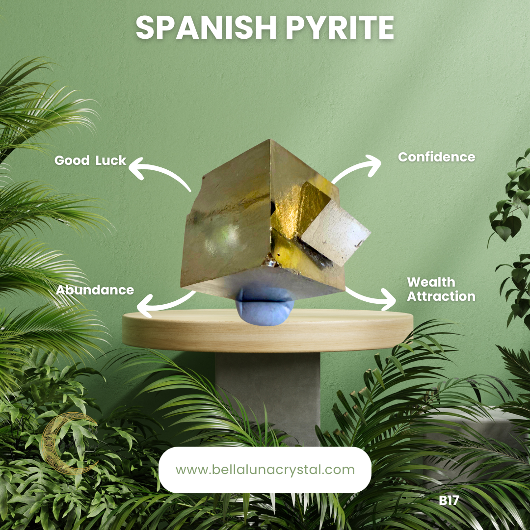 pyrite Crystal on a stand with labeled properties and a green background