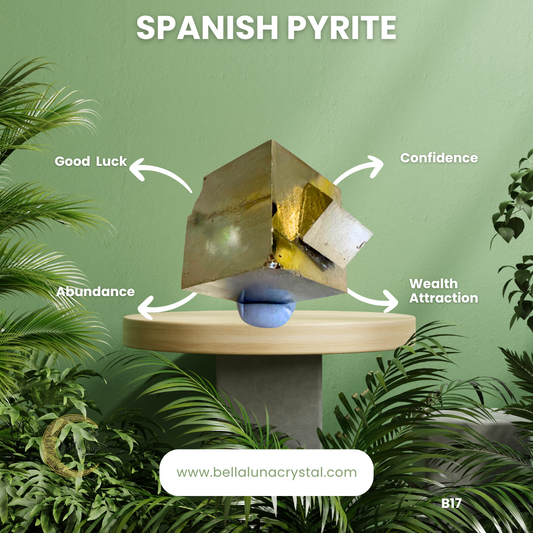 pyrite Crystal on a stand with labeled properties and a green background