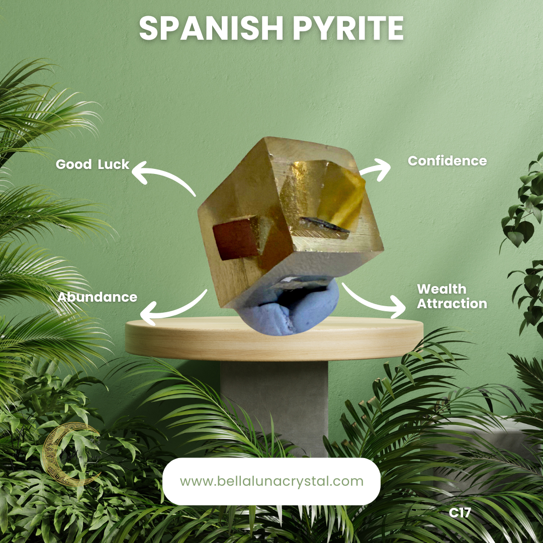 Crystal with labeled properties on a green background with plants