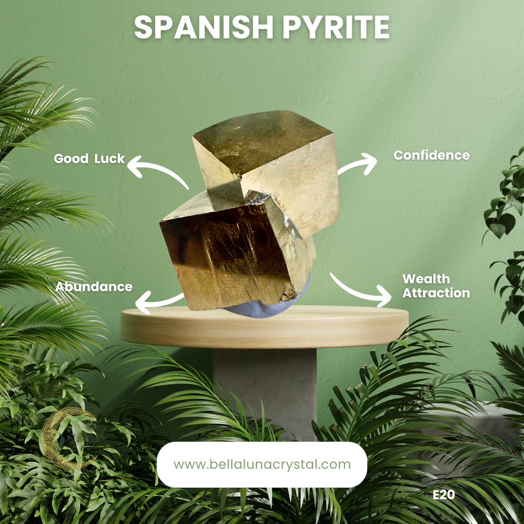 Spanish pyrite crystal on a stand with associated energies labeled, surrounded by plants on a green background.