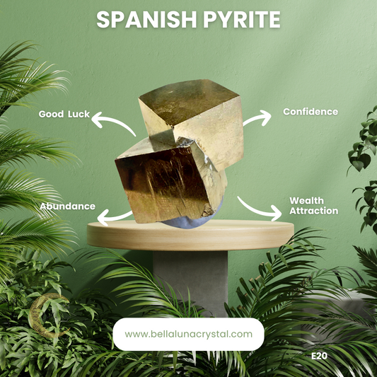 Spanish pyrite crystal on a stand with associated energies labeled, surrounded by plants on a green background.