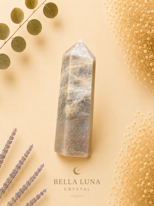A tall, polished sunstone moonstone point with natural inclusions, displayed on a warm beige background with decorative dried flowers and leaves. The brand name 'BELLA LUNA CRYSTAL' is printed at the bottom.