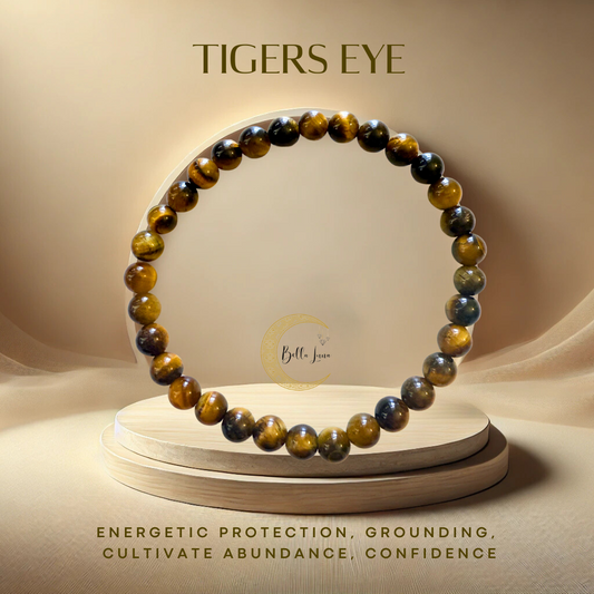 A bracelet made with tiger's eye beads, displayed on a wooden stand with a circular frame, with the brand name 'Bella Luna' visible in the image.