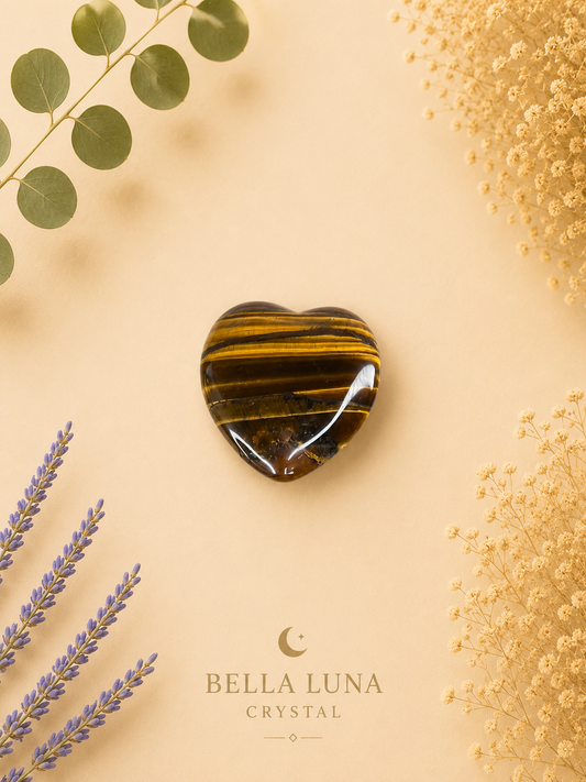 A heart-shaped tiger's eye crystal with dark brown and golden-yellow banded stripes, displayed on a warm beige background with decorative dried flowers, eucalyptus leaves, and lavender sprigs. The brand name 'BELLA LUNA CRYSTAL' is printed at the bottom.