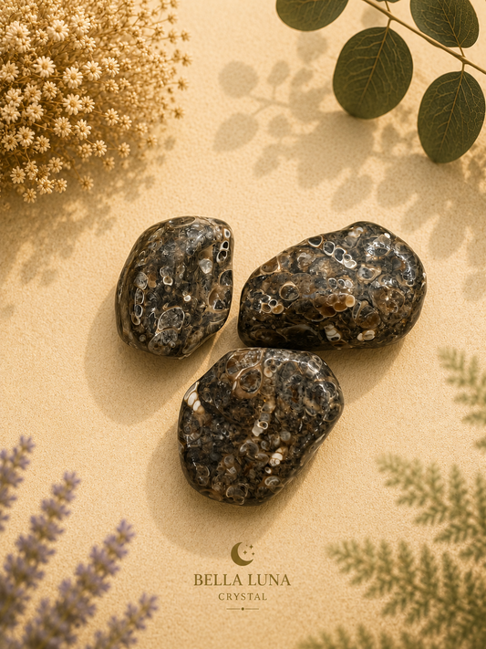 Three polished dark stone crystals with a textured, fossil-like surface are arranged on a beige textured surface with dried flowers and green leaves. The brand name 'BELLA LUNA CRYSTAL' is printed at the bottom.