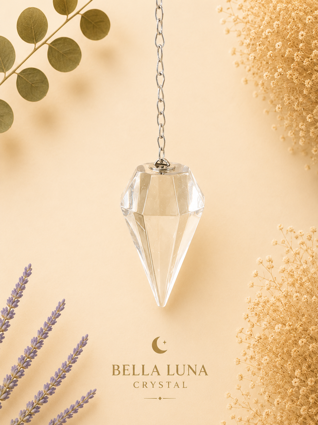 A faceted clear crystal pendant hanging from a silver chain against a warm beige background, with dried botanical props and the Bella Luna Crystal brand name printed below.