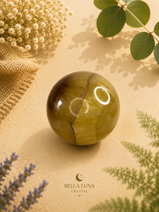 A polished green crystal sphere with natural brown veining, styled on a beige textured surface with dried flowers, green leaves, and a burlap cloth. The brand logo 'BELLA LUNA CRYSTAL' is visible at the bottom.