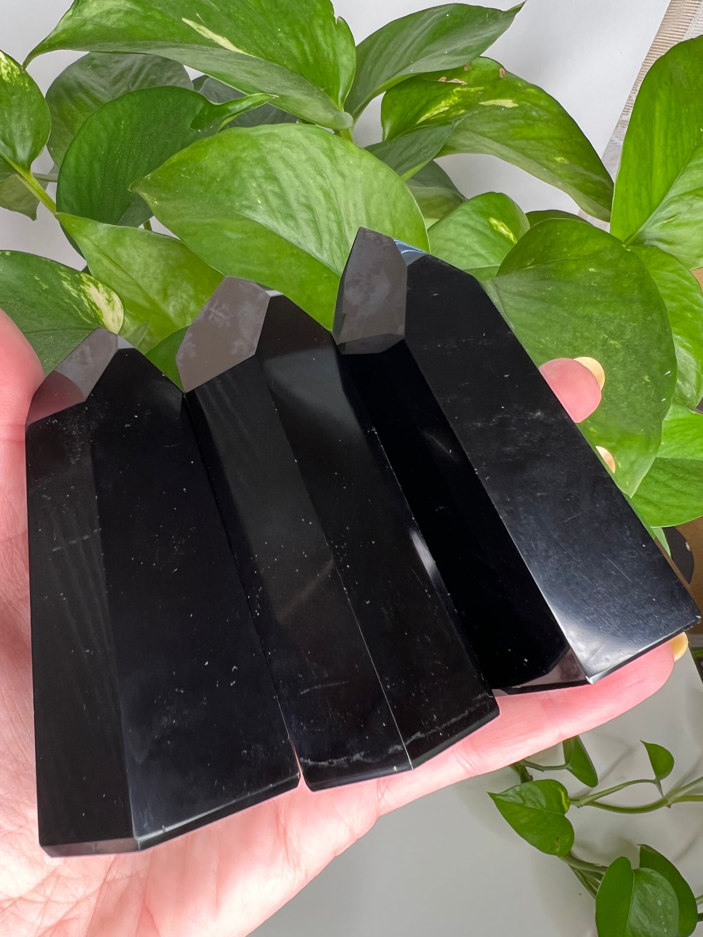 A hand holding three black obsidian towers with a plant in the background.