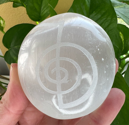 Selenite/ Satin Spar Palm Carved with Cho Ku Rei Reiki